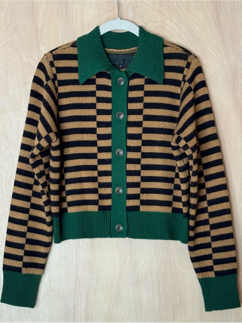 No.6 Lane Cardigan Tan Black Stripe Green Wool Blend Sweater Women’s Size S